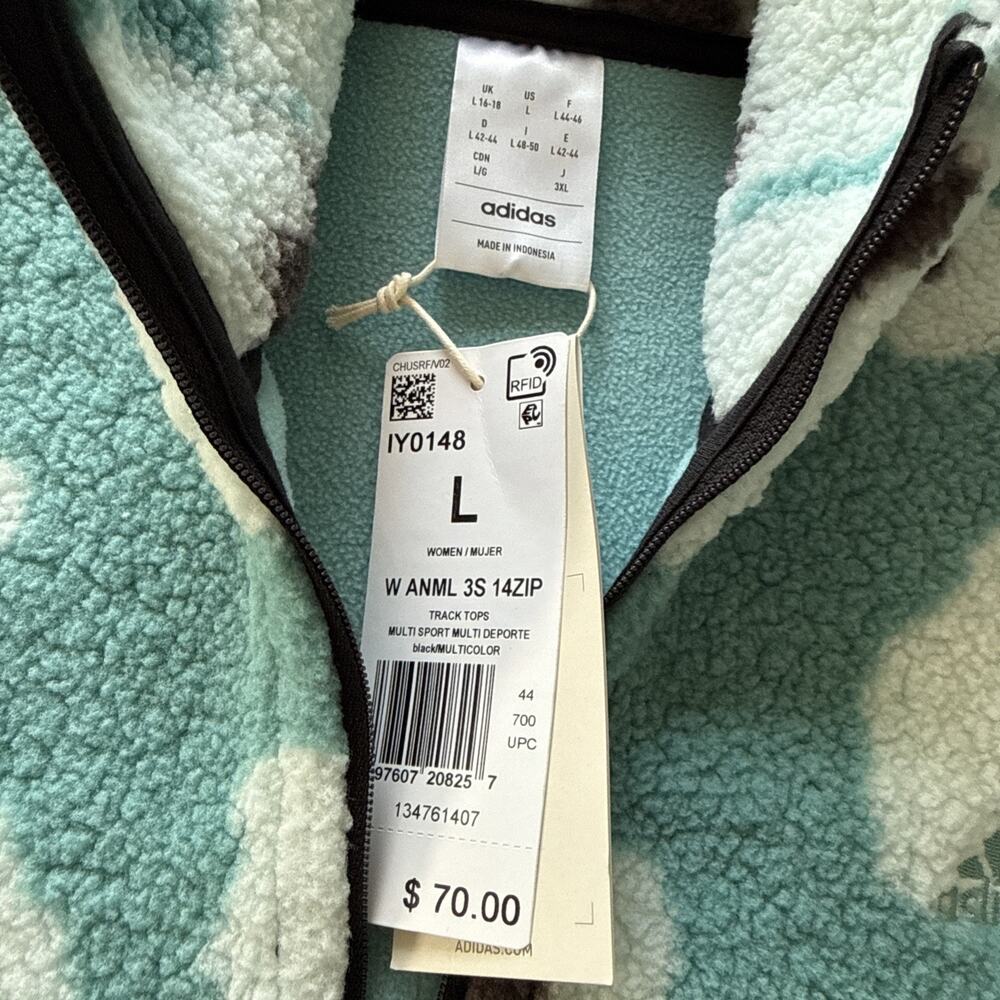 adidas Essentials 3‑Stripes Animal Print High Pile Cropped 1/4 Zip Top L - Picture 3 of 8